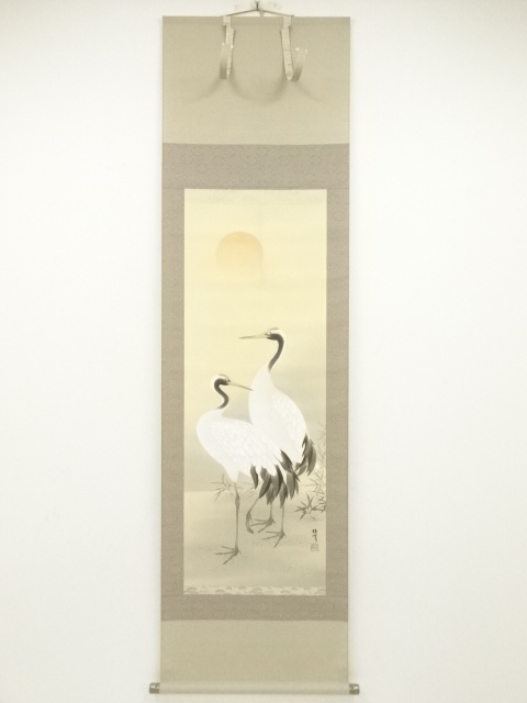 JAPANESE HANGING SCROLL / HAND PAINTED / PAIRED CRANES